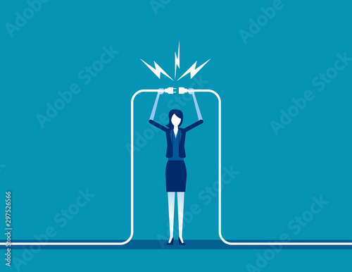 Businesswoman and plug. Concept business connection vector illustration