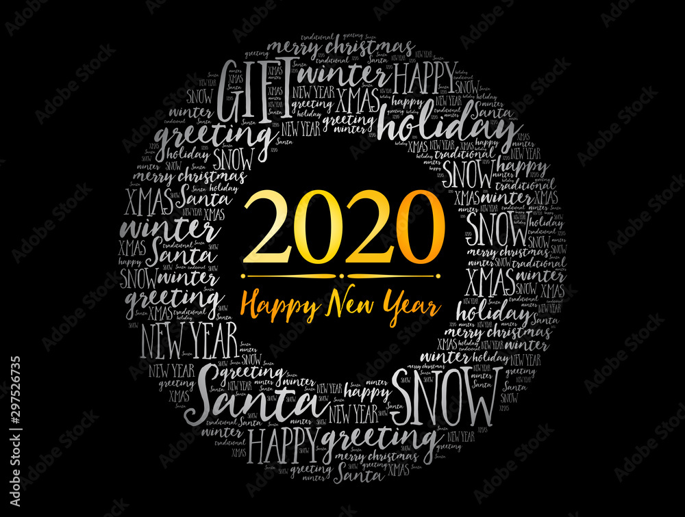 2020 Happy New Year. Christmas background word cloud, holidays lettering collage