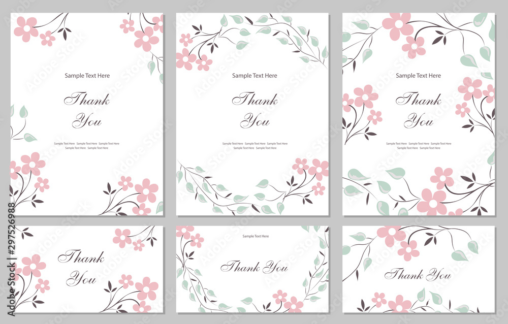 Flower vector card. Template. Thank you. Blank wedding invitation, greeting card, banner. Flowers, leafs, pink rose. Decorative frame. Set. Flower vector card. Template. Thank you. Blank wedding invitation, greeting card, banner. Flowers, leafs, pink rose. Decorative frame. Set.