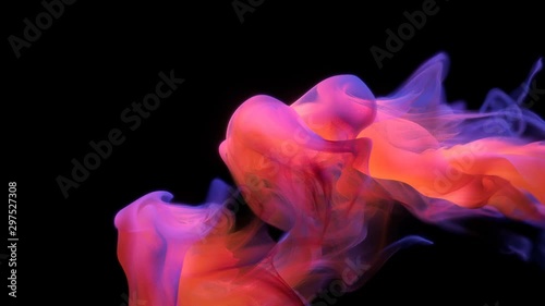 Orange purple color paint ink drops in water slow motion art background with copy space. Inky cloud swirling flowing underwater. Abstract smoke fluid liquid animation isolated on black alpha channel