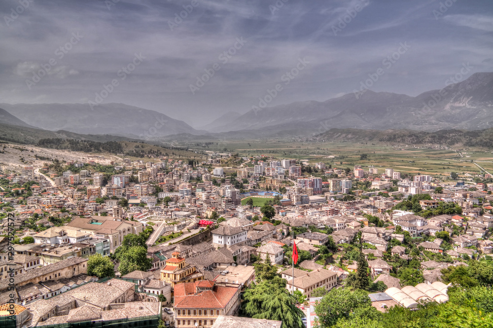 Aerial panoramic view to Gjirokaster city, Albania