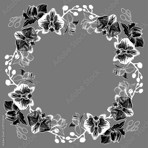 Monochrome floral wreath isolated on grey. Botanical illustration of hand drawn flowers orchids. Ink drawing, manual graphic style, beautiful wedding and floristic design element.