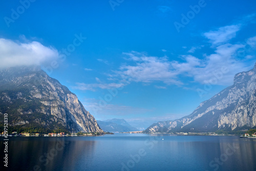 Panoramic view of Lake Como, the city of Malgrate. Aerial view. Autumn season