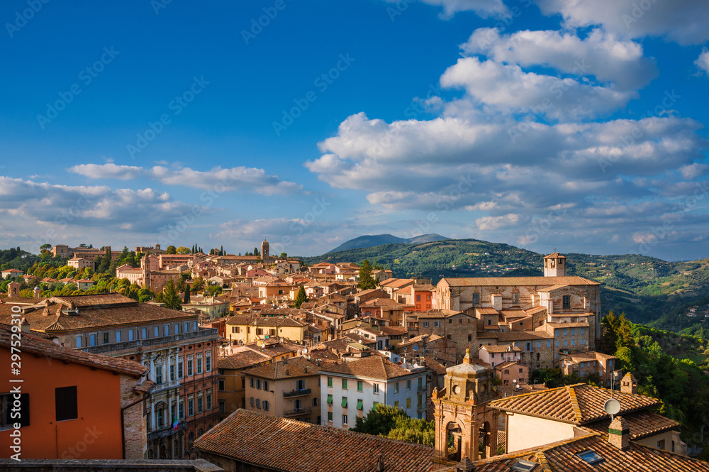 View of the beautiful Perugia medieval historic center at sunset