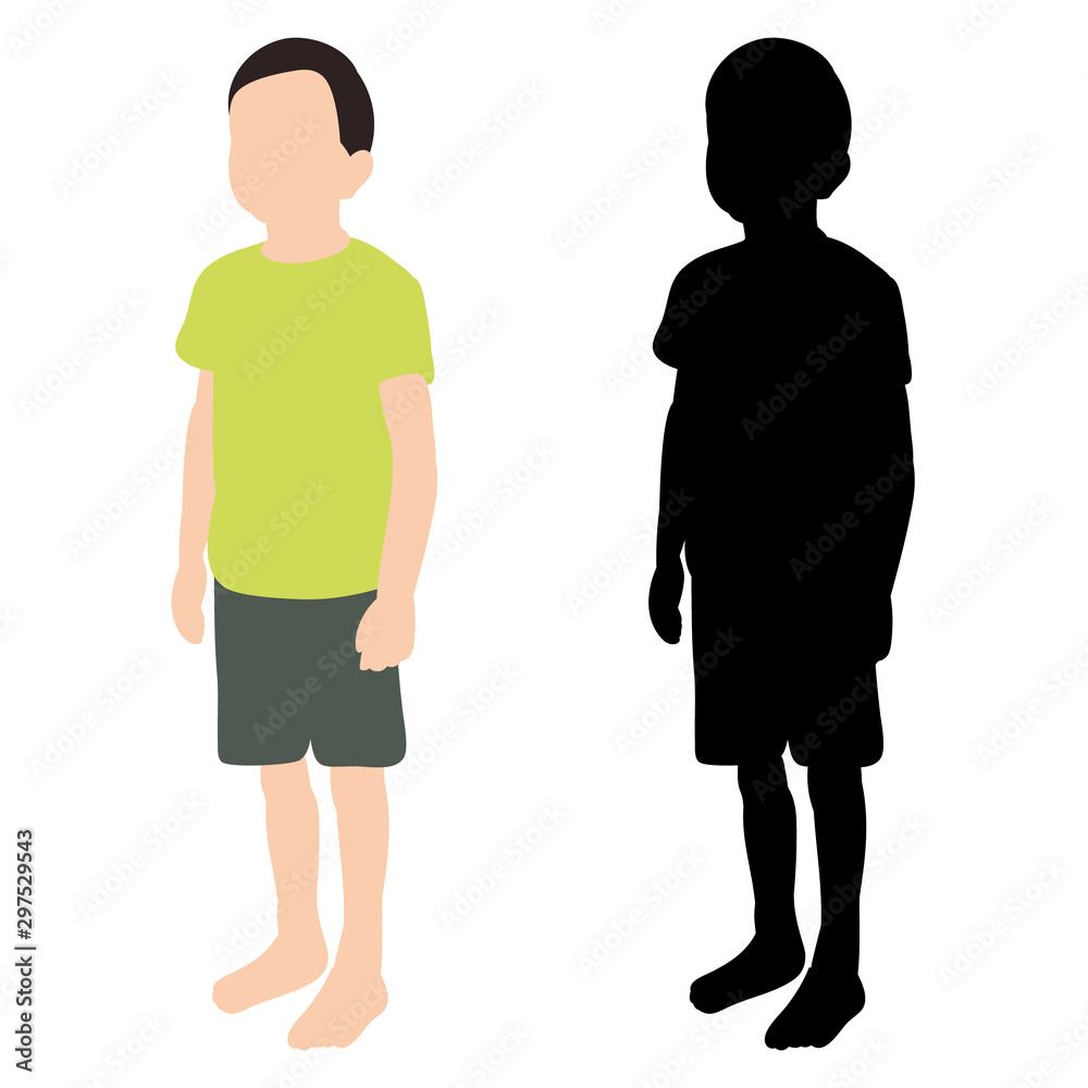  isolated, flat style and silhouette of a child, a boy stands