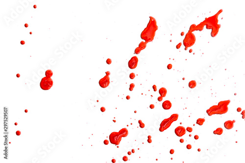 closeup drops of red blood isolated on white background,abstract pattern