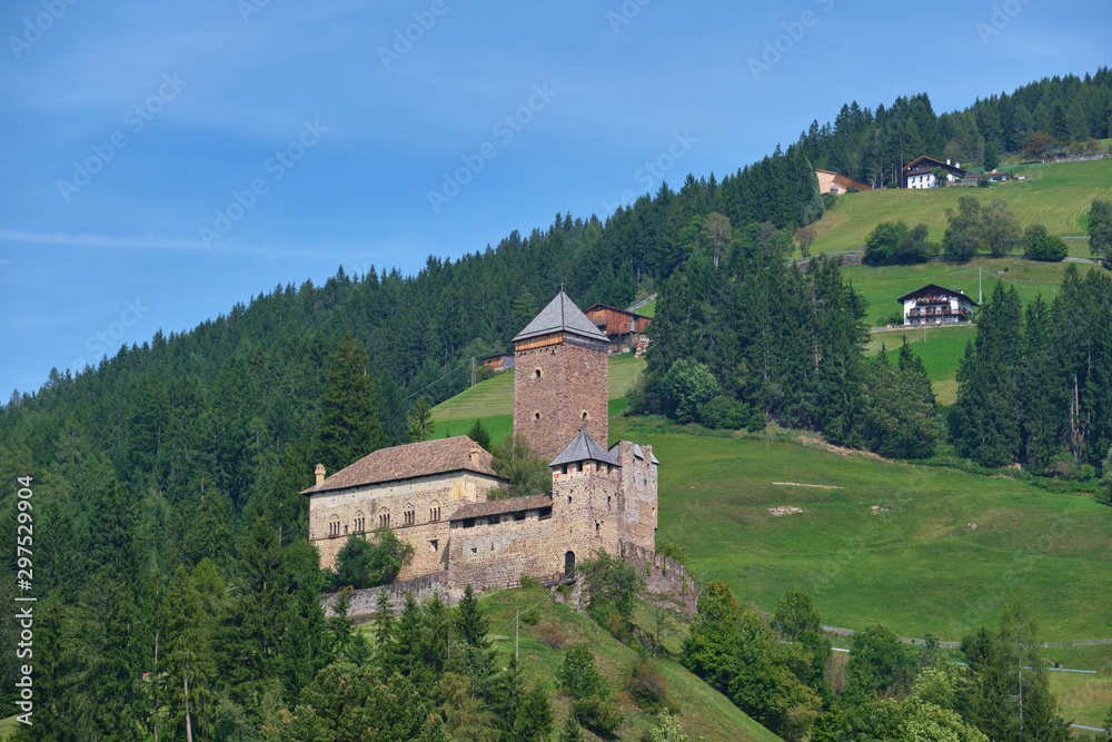 Aerial view of the castle in the Alps surrounded by meadows, forests and mountains. Castle on a hill. Flying on drone.