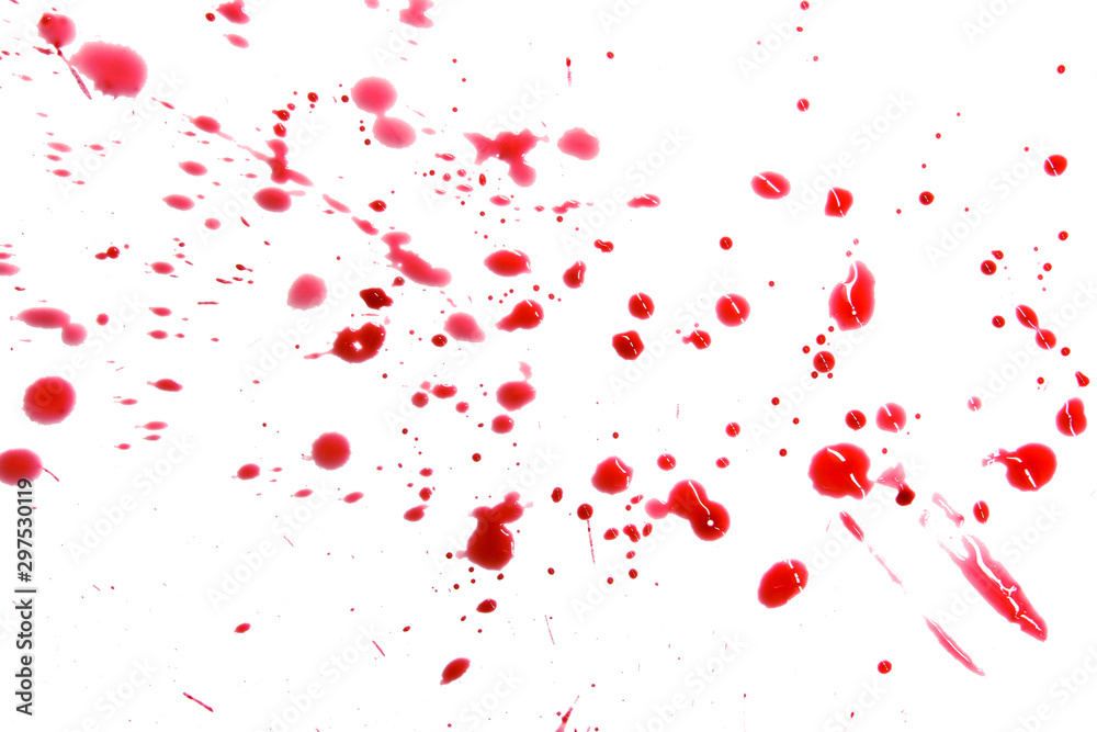 closeup drops of red blood isolated on white background,abstract pattern