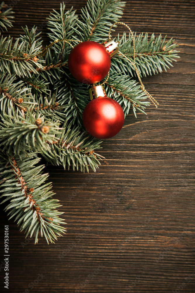 Christmas background Tree and ball decorations on wooden space for lettering xmas Christmas background Tree and ball decorations on wooden space for lettering xmas
