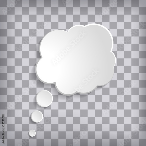 White paper thought bubble on chequered background. Cloud speech frame icon. Think balloon silhouette design. Vector illustration.