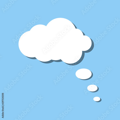White paper thought bubble on blue background. Cloud speech frame icon. Think balloon silhouette design. Vector illustration.
