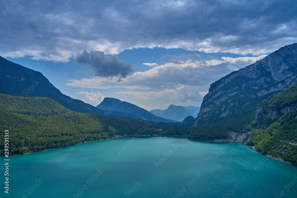 Panoramic view of the lake Molveno north of Italy. Trento region. Great trip to the lake in the Alps. Aerial photography