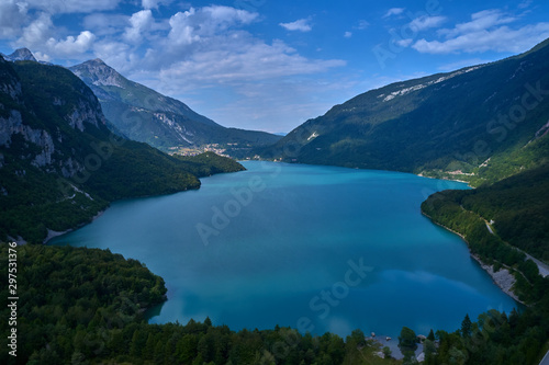 Panoramic view of the lake Molveno north of Italy. Trento region. Great trip to the lake in the Alps. Aerial photography © Berg