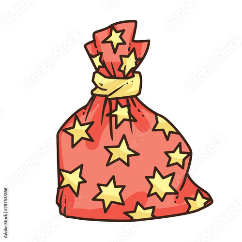 A bag with presents isolated on white background. Red bag with gold stars print.