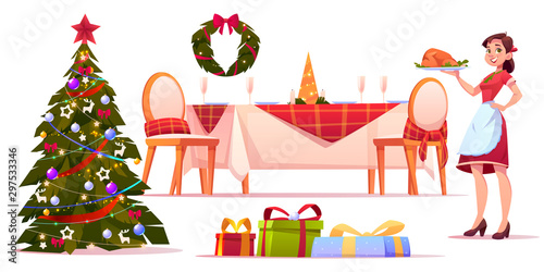 Christmas dinner set, happy woman hold tray with turkey, served table with festive tableware, decorated fir tree and heap of wrapped gifts, holiday celebration. Cartoon vector illustration, clip art