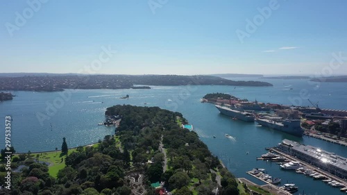 Panoramic 4K aerial drone footage of the beautiful harbour and city of Sydney, Australia photo