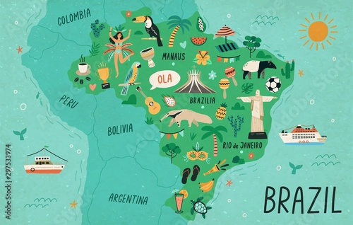 Brazil map hand drawn vector illustration. South America country cultural symbols, tourist attractions. Fauna and flora, national landmarks and travel destinations. Brazil creative educational poster. photo