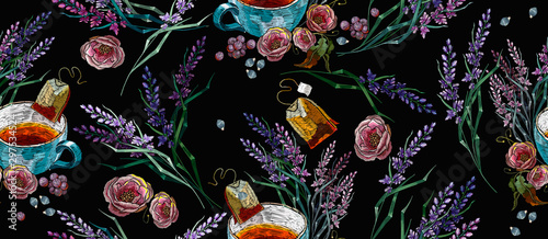 Embroidery cup of tea, pink roses, lavender and wild berries horizontal seamless pattern. Fashion forest autumn art. Template for clothes, tapestry. Aromatherapy and homeopathy concept