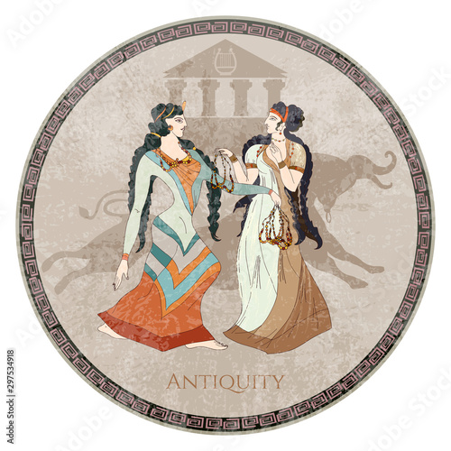 Minoan civilization. Goddess and bull. Crete history. Heraklion. Knossos murals mythology. Ancient Greece frescos