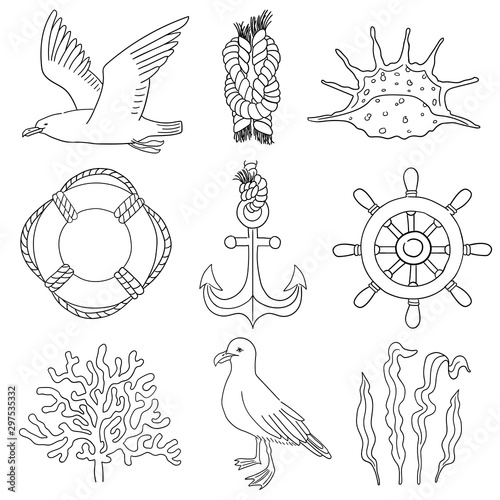 Sea hand draw sketch vector set. Marine clipart