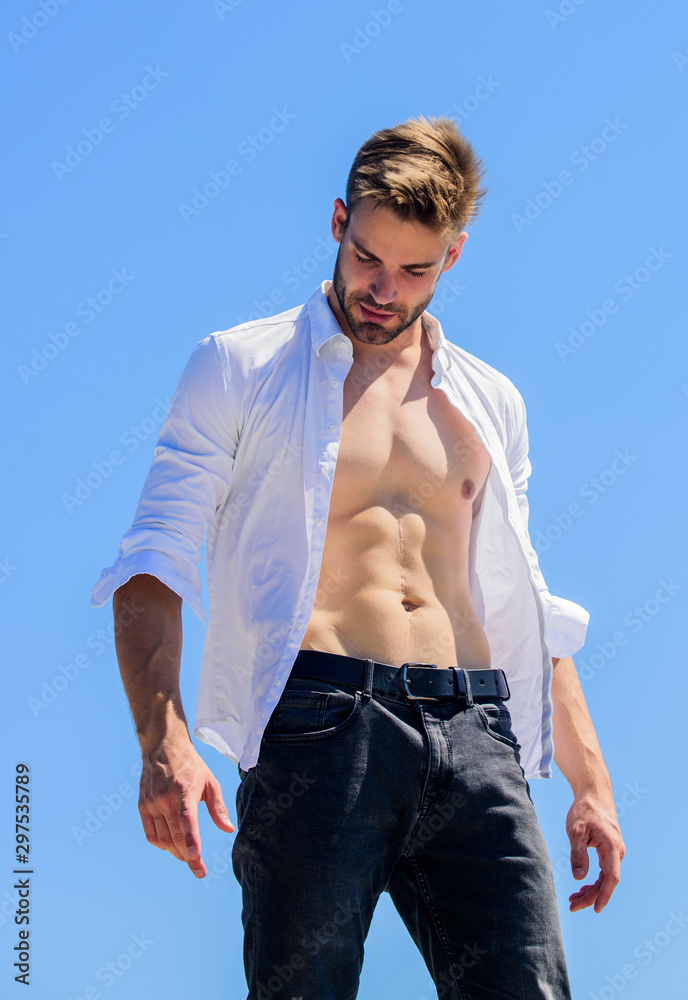 Perfect male. sexy macho man. Bearded guy casual style. Handsome man  fashion model. muscular man sexy torso. strong belly of athlete. fitness  trainer. sport is healthy life. body desire Stock Photo