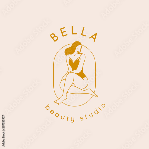 Beautiful female figure. Vector logo design template and illustration in simple minimal linear style - body positive emblem, abstract badge for lingerie designer