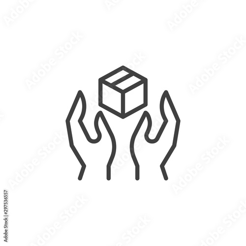Hands with box line icon. linear style sign for mobile concept and web design. Package delivery outline vector icon. Symbol, logo illustration. Vector graphics