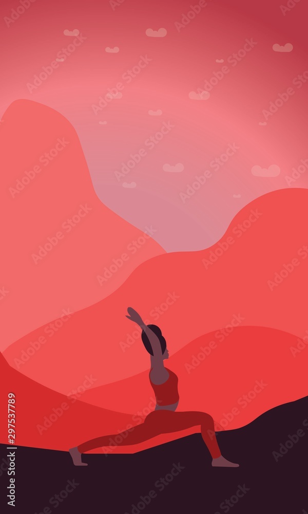 woman stretches the entire front of the torso, the ankles,  back muscles in yoga warrior pose Asana Virabhadrasana. trendy top illustration in nature. Outside her body laying bright mountains and wild