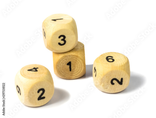 Wooden cubes with figures on white background