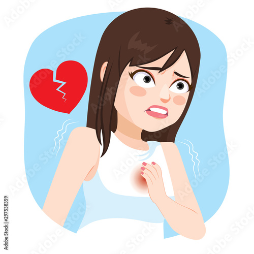 Young girl with hand on chest suffering heart stroke pain