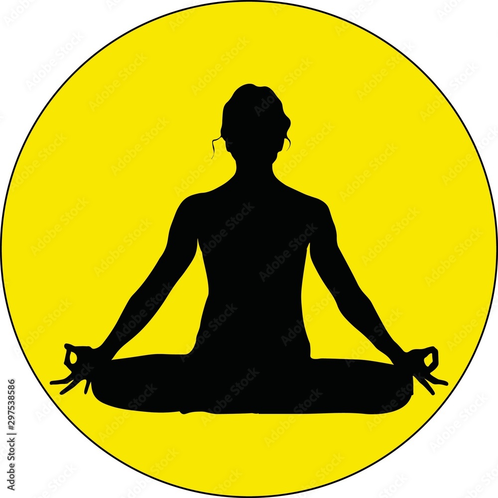 An isolated young woman is sitting in a comfortable Asana with raised arms, crossed legs' lotus pose and makes Mrigi Mudra. Pranayama exercise trendy top illustration 