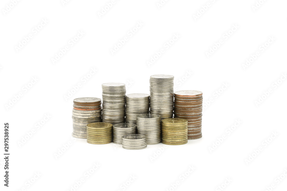 Close-up stack of Thai Baht coins isolated on white background. Close-up stack of Thai Baht coins isolated on white background.