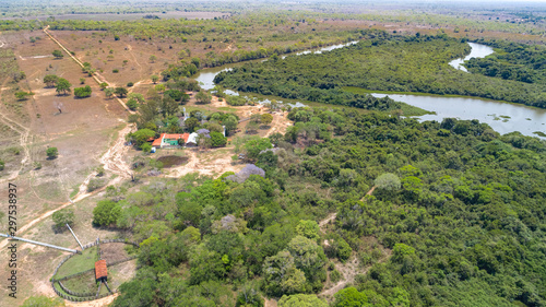 Quadro em tela Areal view of typical Pantanal landscape, meandering tropical river through rain