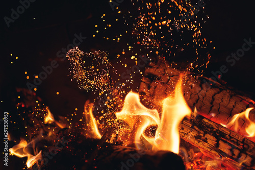 Fotografie, Tablou burning fire logs with sparks in the fireplace