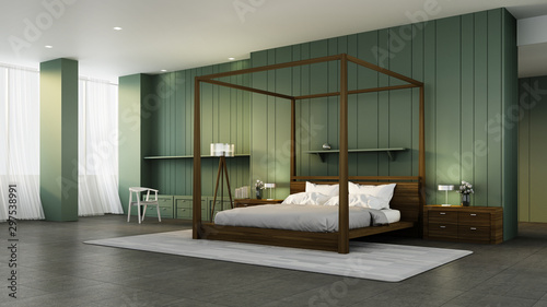Classic bedroom interior & green wall / 3D rendering interior