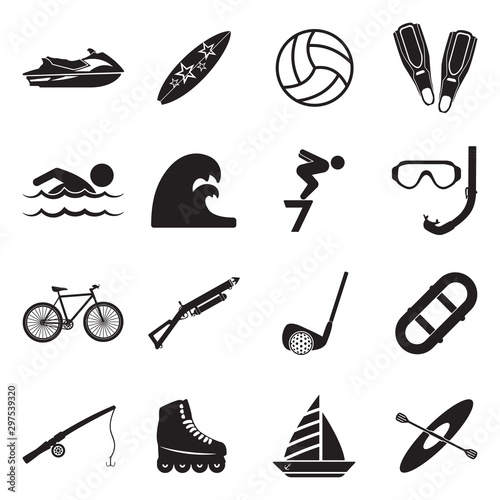 Summer Sports Icons. Black Flat Design. Vector Illustration.