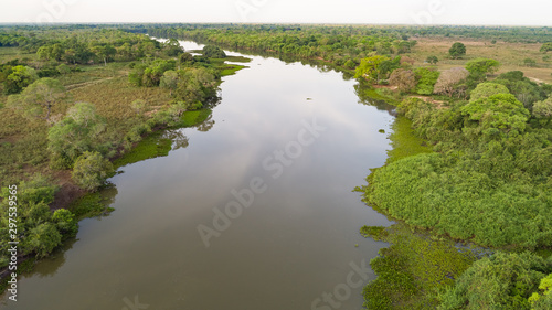 Ariel view of a typical Pantanal river with meadow, lagoon and dense forest, Pantanal Wetlands, Mato Grosso, Brazil