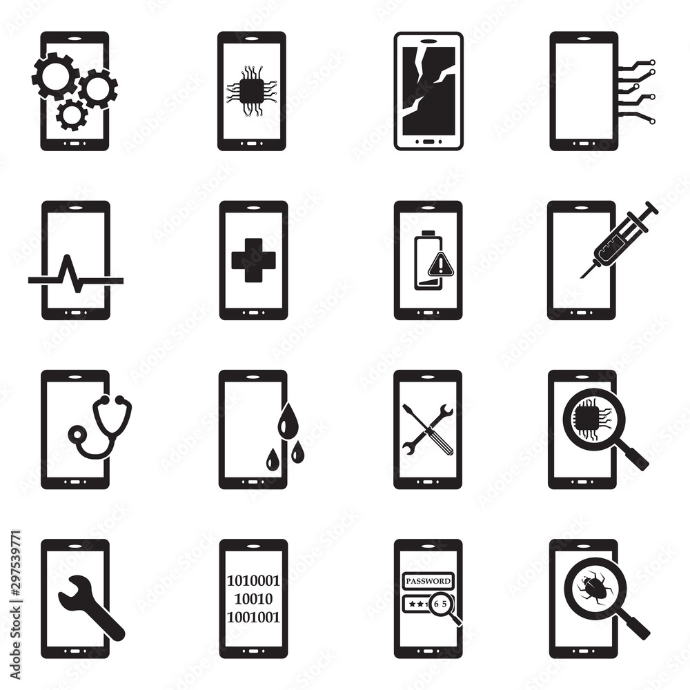 Smart Phone Repair Icons. Black Flat Design. Vector Illustration. Smart Phone Repair Icons. Black Flat Design. Vector Illustration.