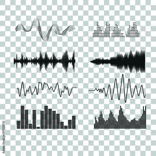 Black sound waves. Music audio frequency, voice line shape, volume symbol. Transparent background