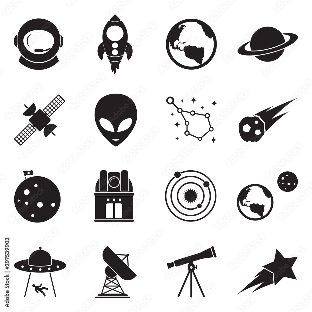 Space Icons. Black Flat Design. Vector Illustration. - obrazy, fototapety, plakaty 