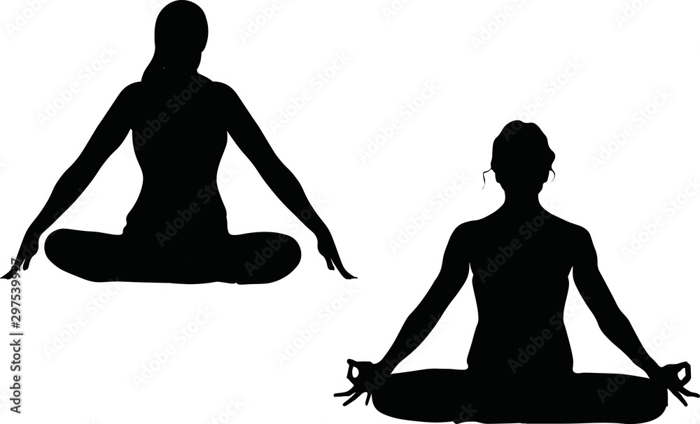 One lady is sitting in a comfortable Asana with raised arms, crossed legs' lotus pose and makes Mrigi Mudra, another woman is doing Jalandhara Bandha One lady is sitting in a comfortable Asana with raised arms, crossed legs' lotus pose and makes Mrigi Mudra, another woman is doing Jalandhara Bandha