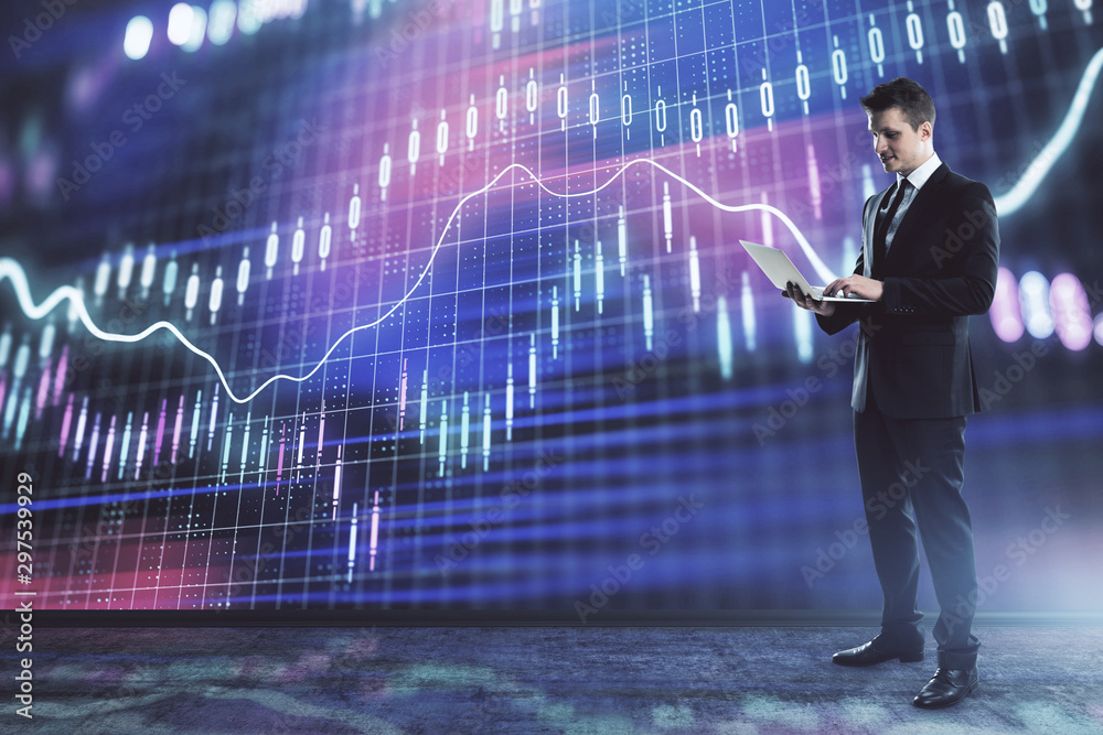 Businessman and forex graph hologram. Double exposure. Concept of financial education and analysis Businessman and forex graph hologram. Double exposure. Concept of financial education and analysis