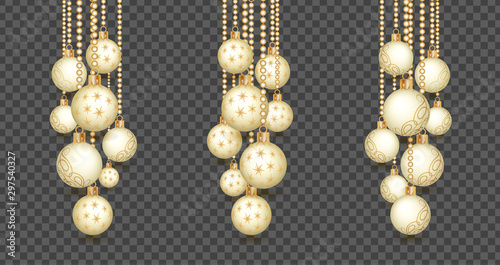 Golden Christmas balls isolated on transparent background. Festive xmas decoration gold bauble, hanging on the ribbon gold bead