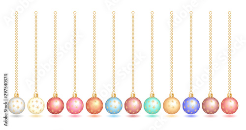 Multi-colored Christmas balls. Festive xmas decoration bauble different colors, hanging on the ribbon bead