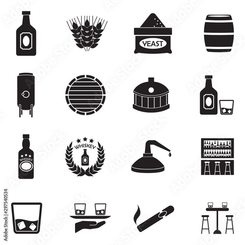 Whiskey Icons. Black Flat Design. Vector Illustration.