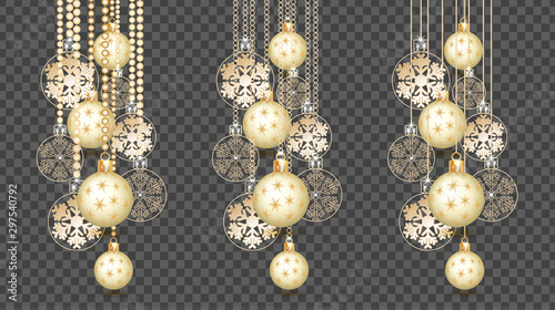 Golden Christmas balls background. Festive xmas decoration gold bauble and bright snowflake, hanging on the ribbon bead