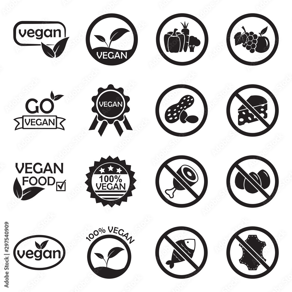 Naklejka premium Vegan Icons. Black Flat Design. Vector Illustration.