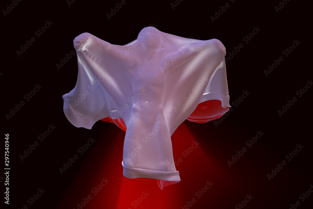 Flying White Ghost boy figure covered with a blanket sheet on Black Background. Halloween 3d illustration