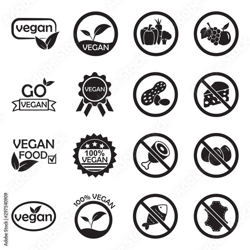 Vegan Icons. Black Flat Design. Vector Illustration.
