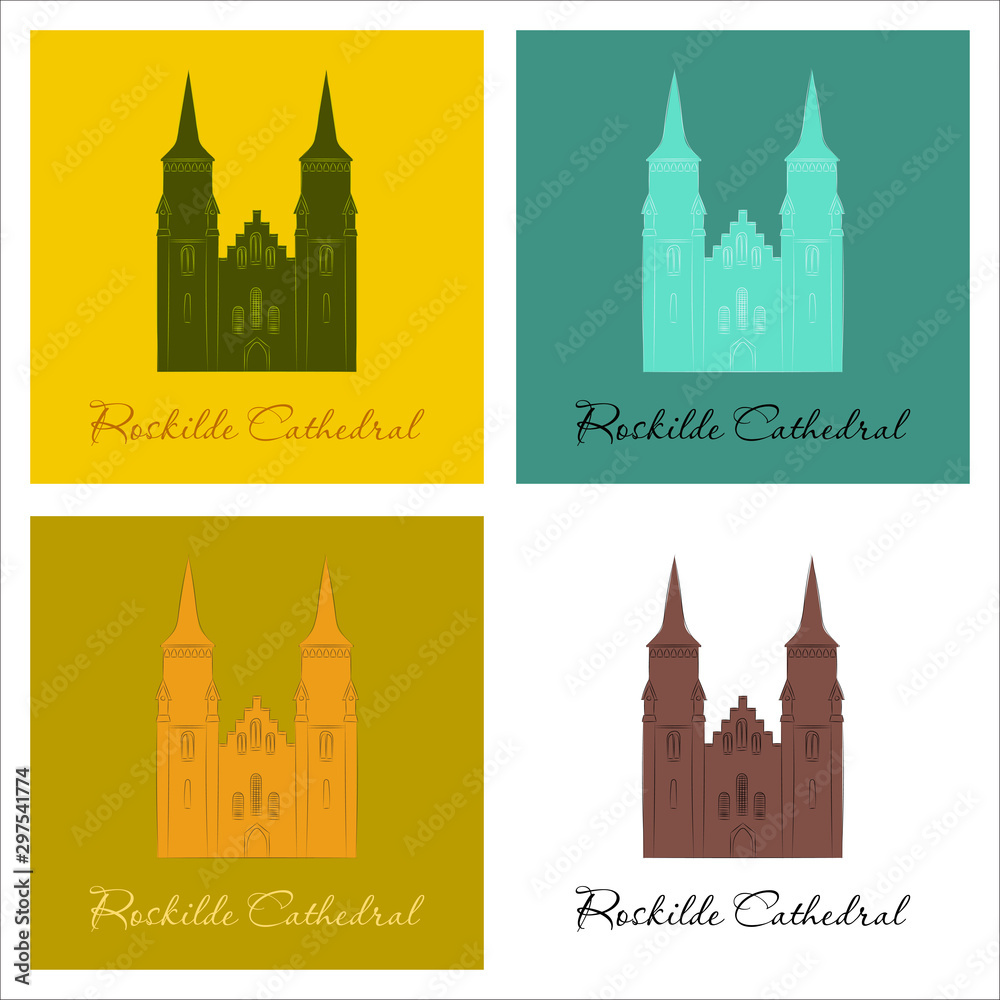 World sights. Travel to Europe. Architectural building, famous church of Denmark, cathedral of Diocese of Zeeland, mausoleum of Roskilde. Vector illustration isolated on white background.